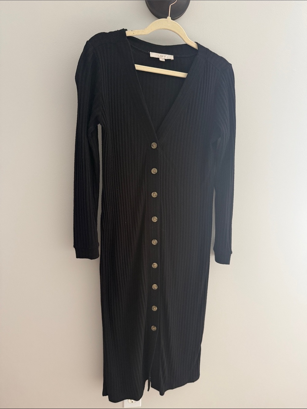 Loft Long Black Ribbed Button-Front Dress